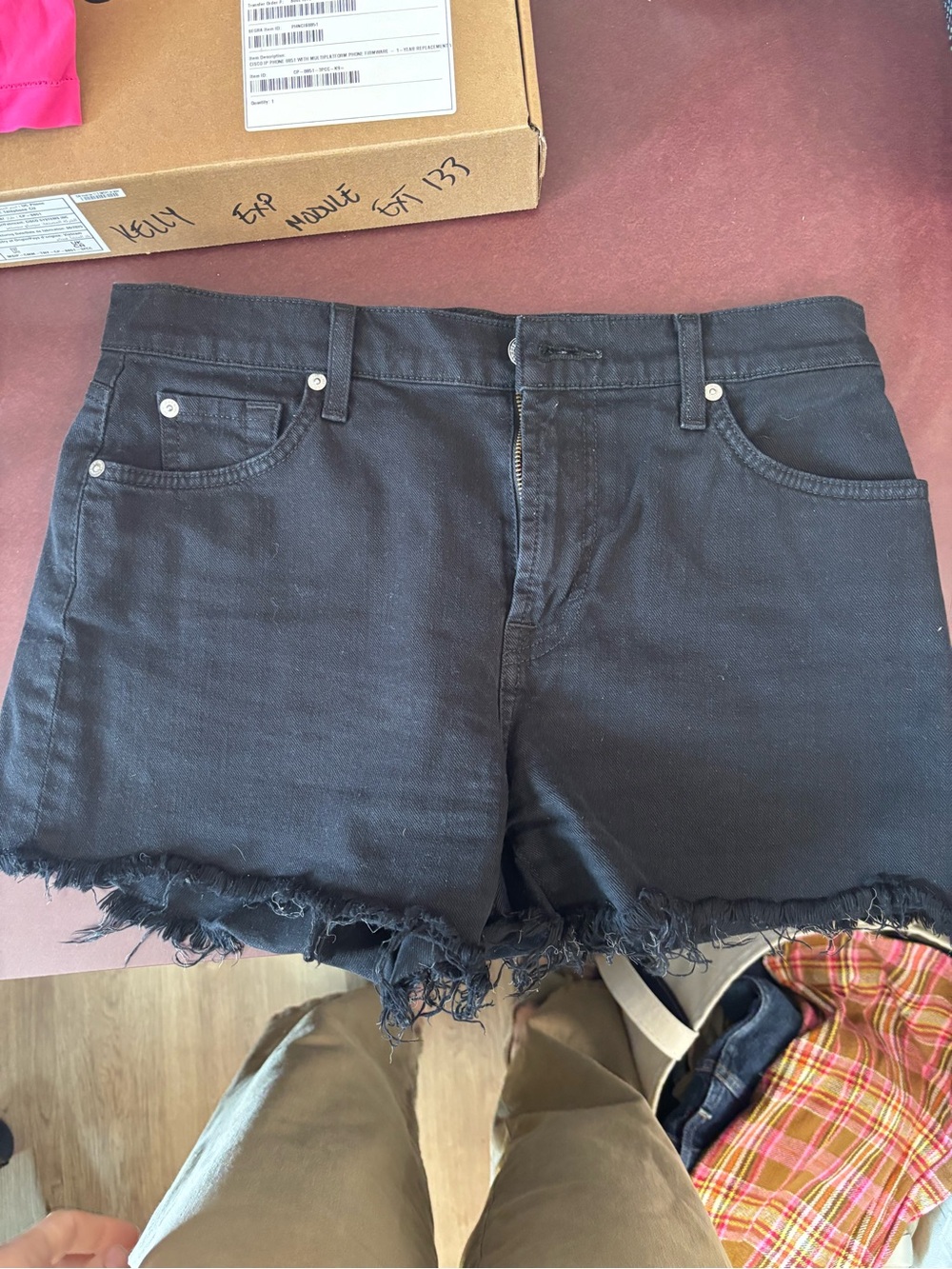 7 For All Mankind stretch high rise Black Frayed Hem Denim Cutoff Shorts
